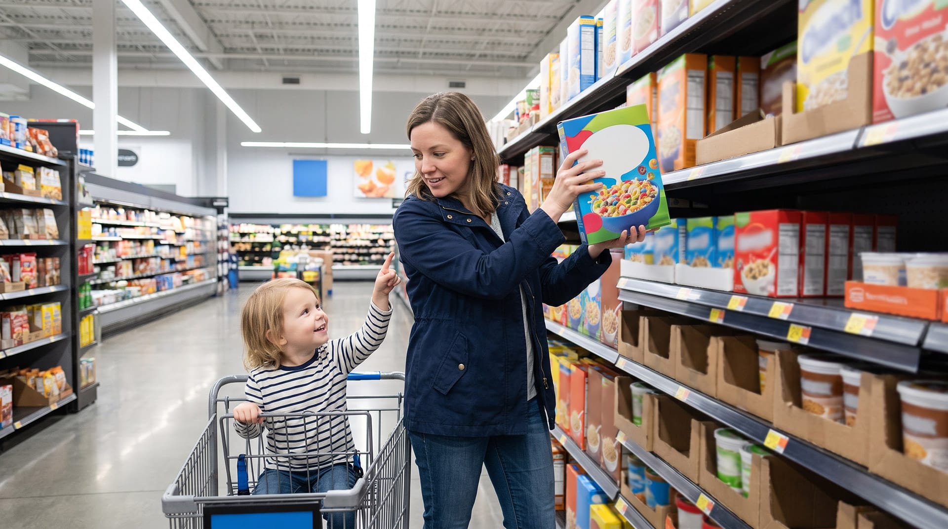 Shopper marketing ilustrat printr-un shopper care alege un produs pentru copilul consumer într-un supermarket