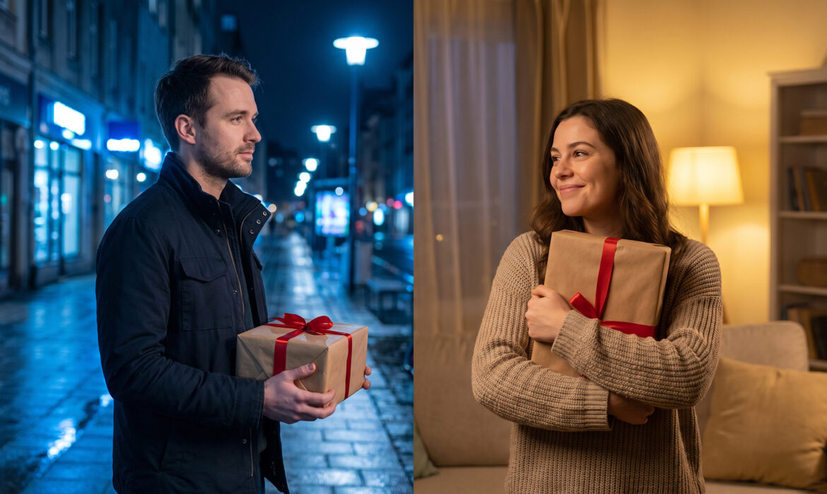 Shopper vs. consumer – bărbat cumpărând un cadou și femeie primindu-l acasă