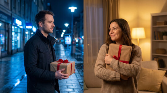 Shopper vs. consumer – bărbat cumpărând un cadou și femeie primindu-l acasă