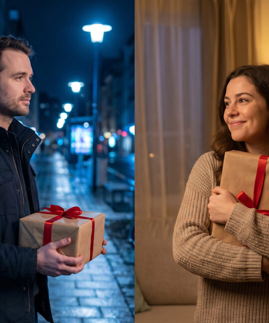 Shopper vs. consumer – bărbat cumpărând un cadou și femeie primindu-l acasă