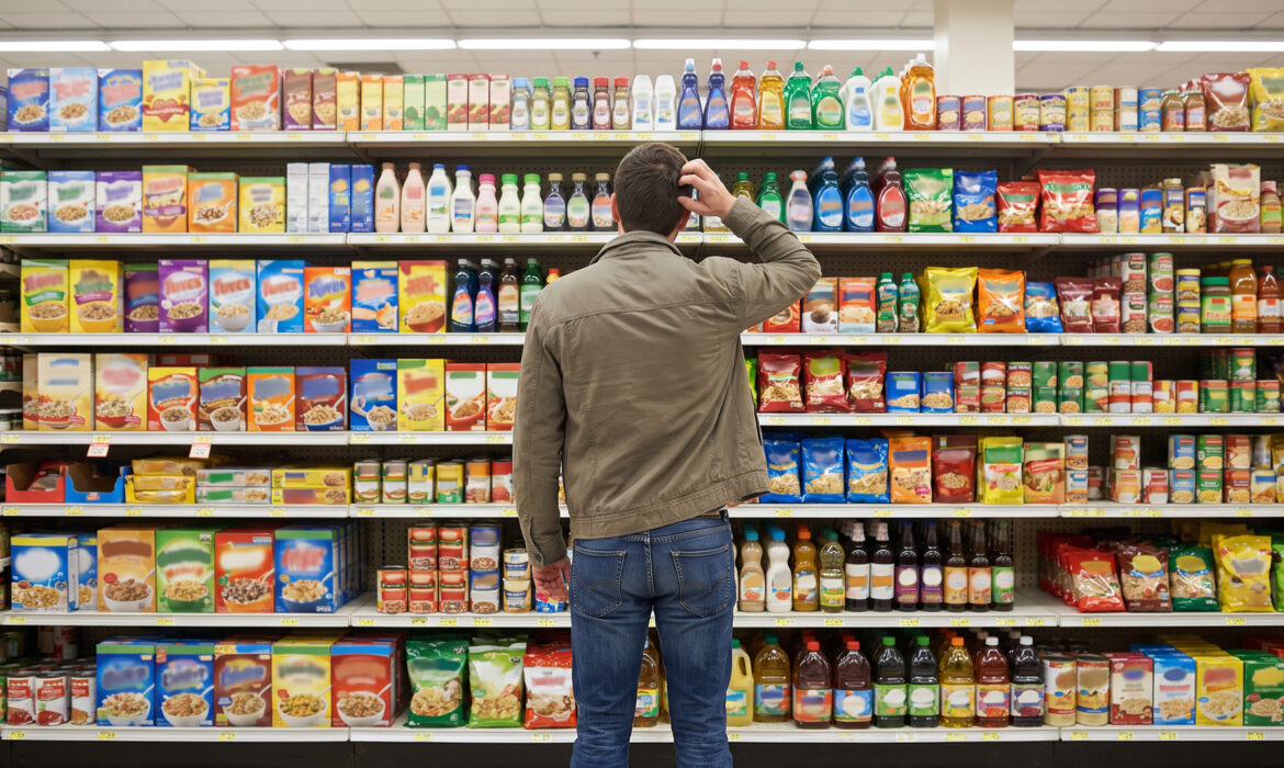 Shopper analizând produsele la raft înainte de a lua decizia de cumpărare