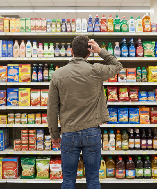 Shopper analizând produsele la raft înainte de a lua decizia de cumpărare