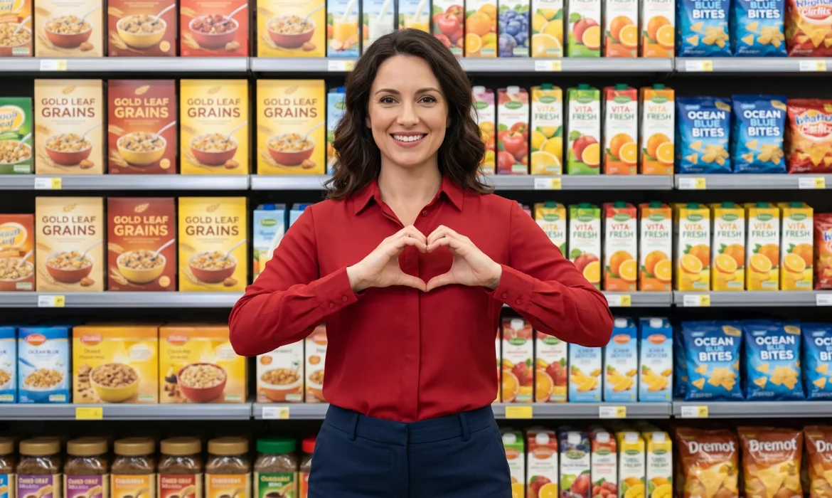 Femeie zâmbitoare în supermarket, ilustrând impactul emoțiilor pozitive asupra comportamentului de cumpărare