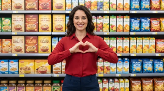 Femeie zâmbitoare în supermarket, ilustrând impactul emoțiilor pozitive asupra comportamentului de cumpărare