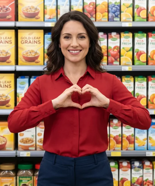 Femeie zâmbitoare în supermarket, ilustrând impactul emoțiilor pozitive asupra comportamentului de cumpărare
