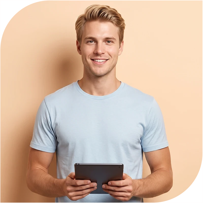 Tânăr shopper cu tabletă, ilustrând interacțiunea cu produsele în digital shelf și procesul de descoperire, evaluare și alegere online.