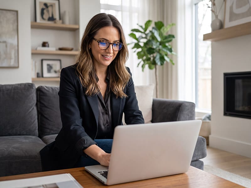 Digital shelf – shopper analizând produse online Femeie shopper folosește un laptop într-un mediu modern, ilustrând experiența digital shelf și procesul de descoperire și evaluare a produselor online.