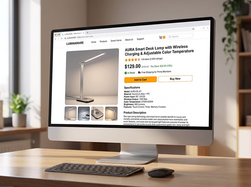 Optimizarea paginii de produs în digital shelf Monitor cu o pagină de produs completă, cu imagini, preț, rating, disponibilitate, specificații și butoane de cumpărare, ilustrând optimizarea PDP în digital shelf.