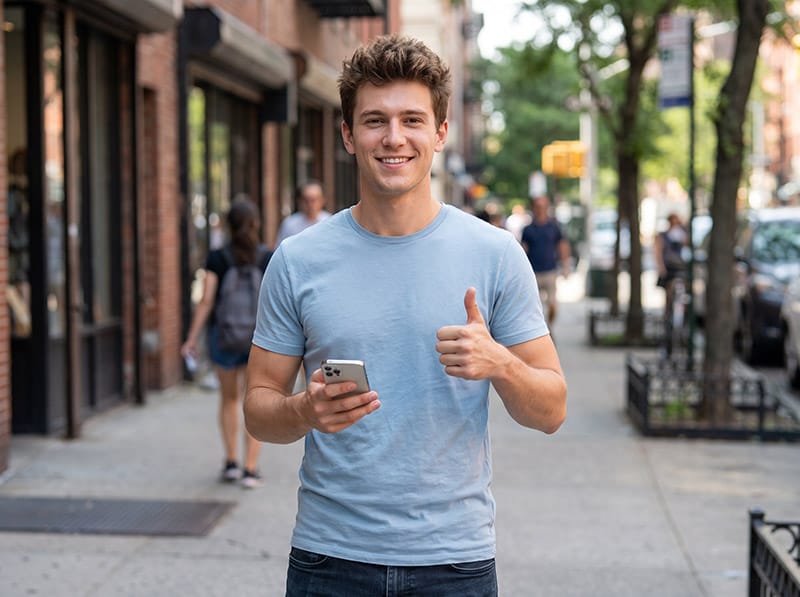 Ratinguri și recenzii în experiența de cumpărare Tânăr shopper cu smartphone în mână și gest de aprobare, ilustrând rolul ratingurilor și recenziilor în evaluarea produselor și decizia de cumpărare.