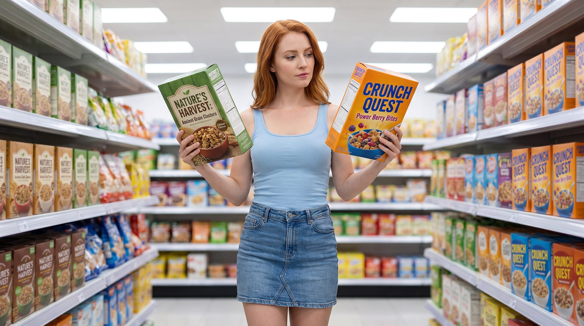 Femeie shopper compară două produse similare într-un supermarket, ilustrând influența designului ambalajului, culorii și formei asupra atenției și deciziei de cumpărare.