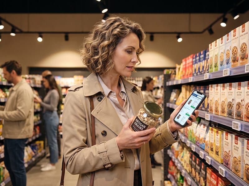Shopper conectat în magazin – retail media și mobile Femeie shopper într-un supermarket compară un produs de la raft cu informațiile afișate pe smartphone, ilustrând legătura dintre retail fizic, mobile și retail media.