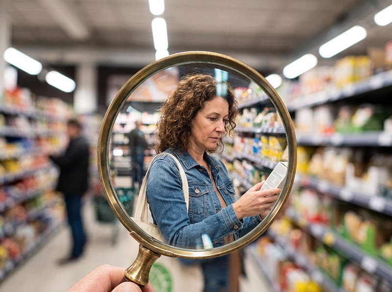 Shopper insights ilustrate prin observarea atentă a unei cumpărătoare care analizează un produs în supermarket