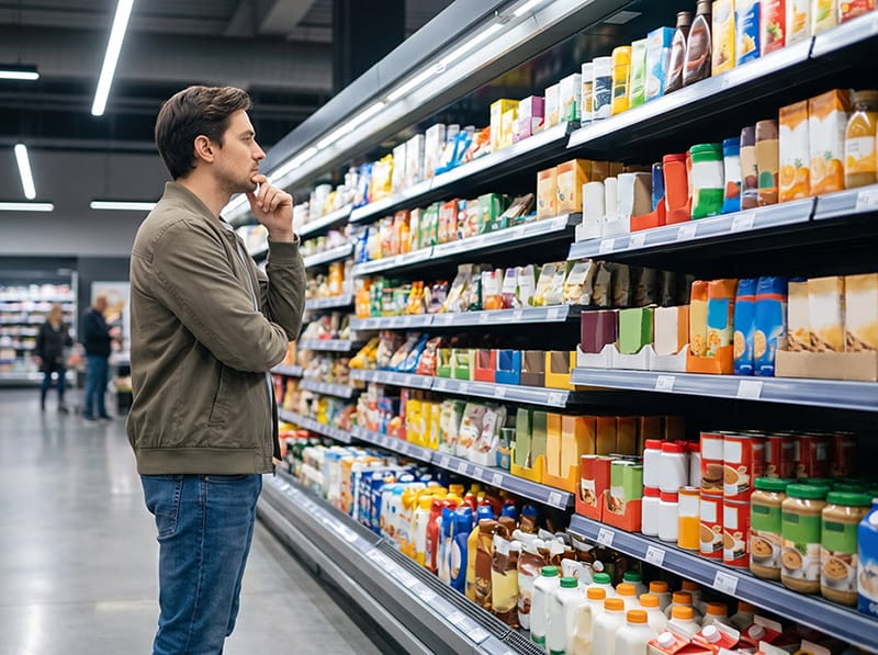 Shopper marketing la raft, cu un cumpărător care compară produsele înainte de achiziție