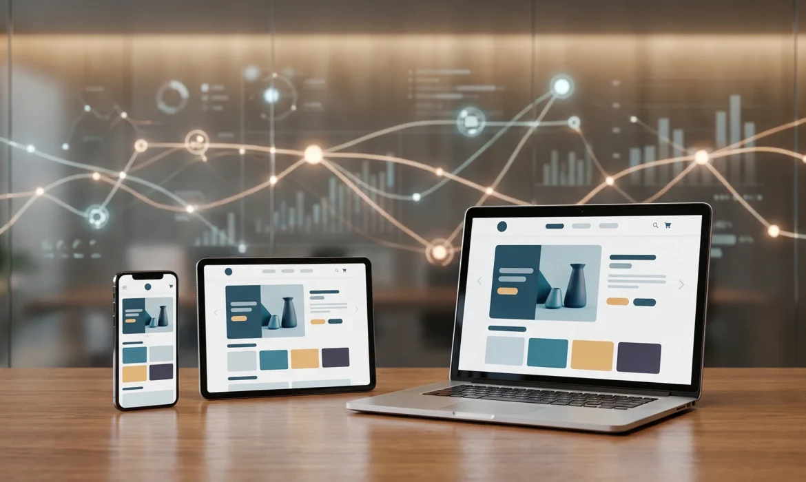 Smartphone, tabletă și laptop cu magazin online, conectate prin date într-o experiență omnichannel