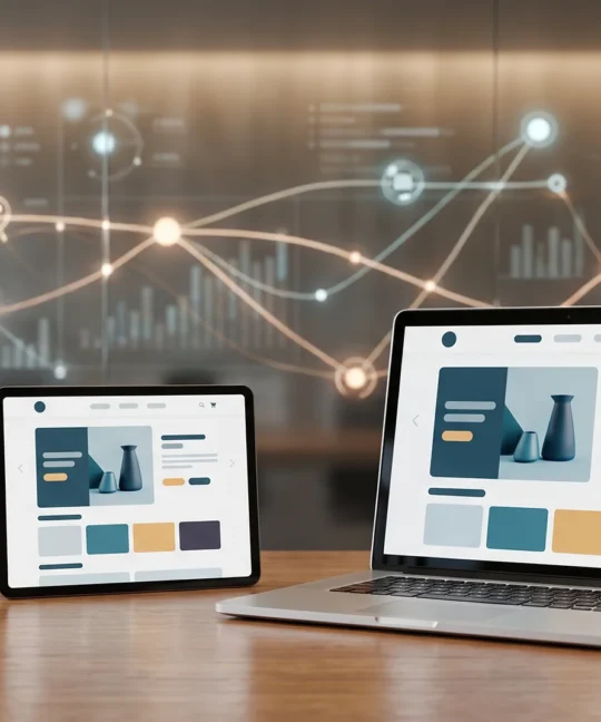 Smartphone, tabletă și laptop cu magazin online, conectate prin date într-o experiență omnichannel